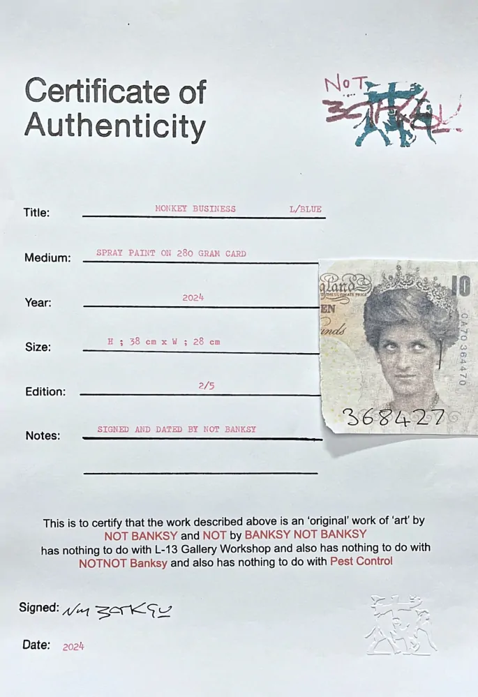 BANKSY/NOT BANKSY - Monkey Business  L-blue 2/5 - originální ručně stříkaný sprej na papíře