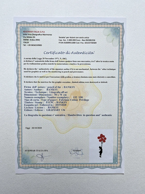 Banksy - Flying Balloon Girl 132/150 - číslovaná edice s certifikátem, 50x70cm