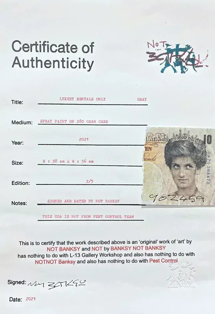 BANKSY/NOT BANKSY - Luxury Rentals Only gray 2/5 -  originální ručně stříkaný sprej na papíře