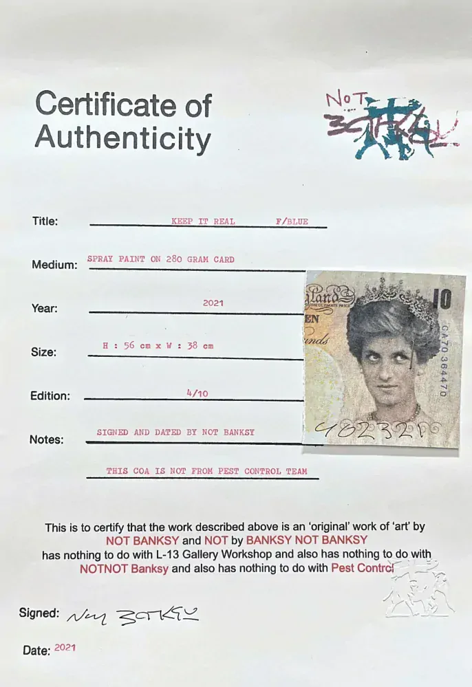 BANKSY/NOT BANKSY - Keep it Real F-blue 4/10 - originální ručně stříkaný sprej na papíře