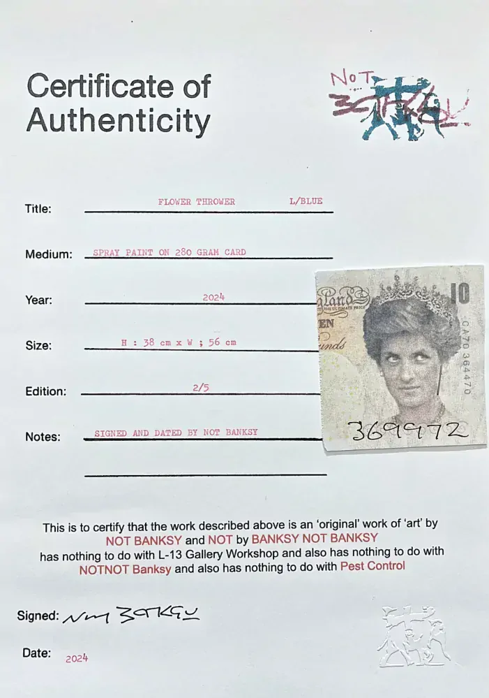 BANKSY/NOT BANKSY - Flower Thrower L-blue 2/5 -  originální ručně stříkaný sprej na papíře