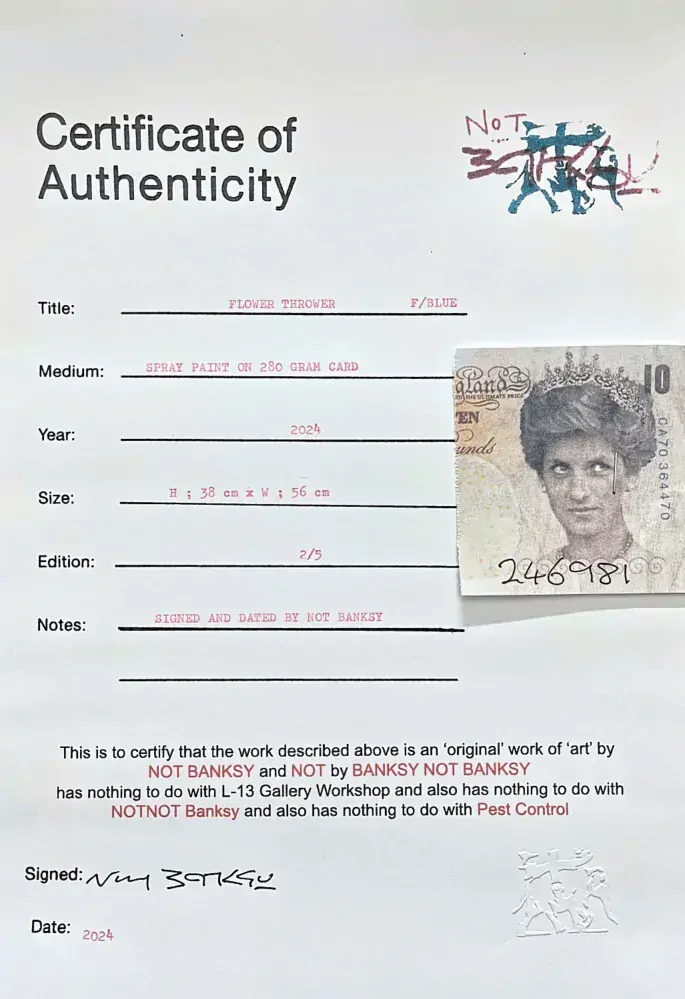 BANKSY/NOT BANKSY - Flower Thrower F-blue 2/5 - originální ručně stříkaný sprej na papíře