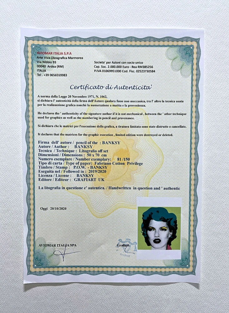 Banksy - Kate Moss zelená 81/150 - číslovaná edice s certifikátem, 50x70cm