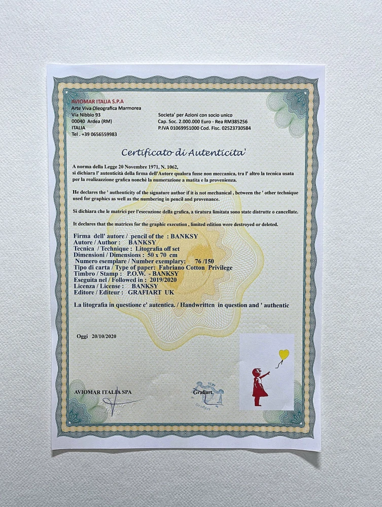 Banksy - Girl with Balloon červeno-žlutá x/150 - číslovaná edice s certifikátem, 50x70cm