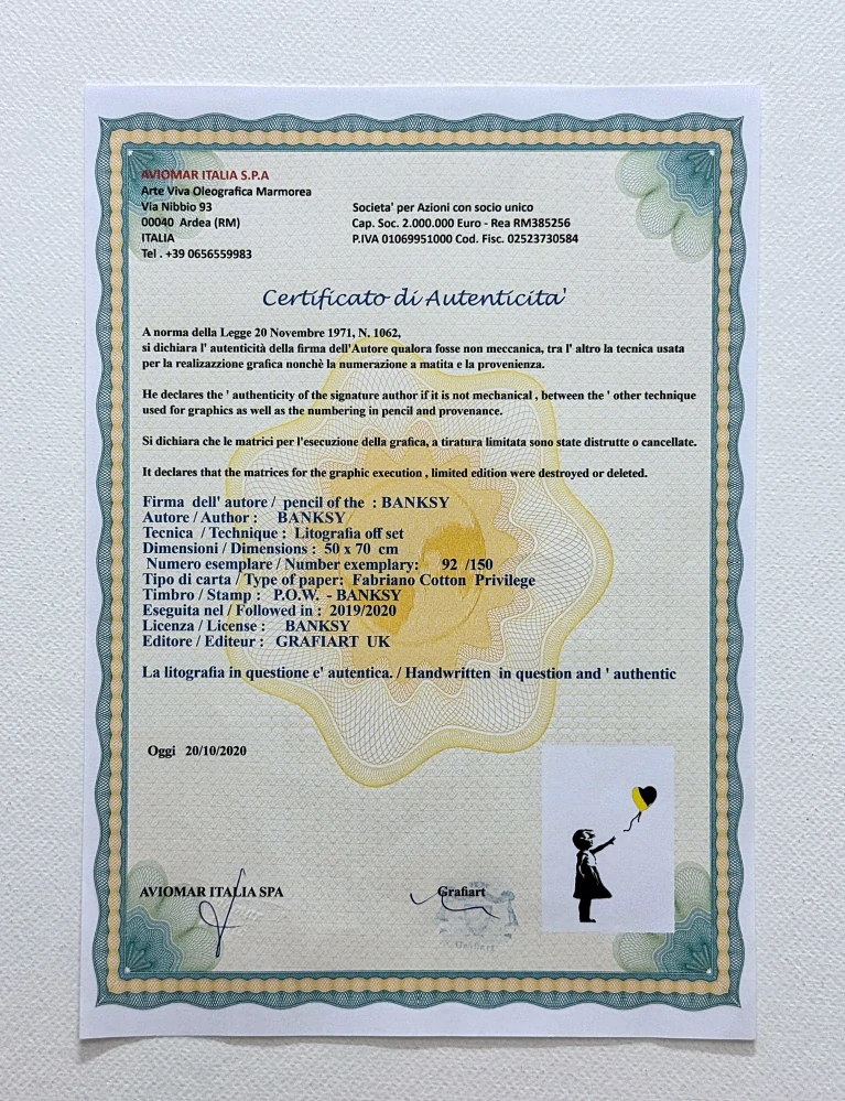Banksy - Girl with Balloon černo-žlutá 92/150 - číslovaná edice s certifikátem, 50x70cm