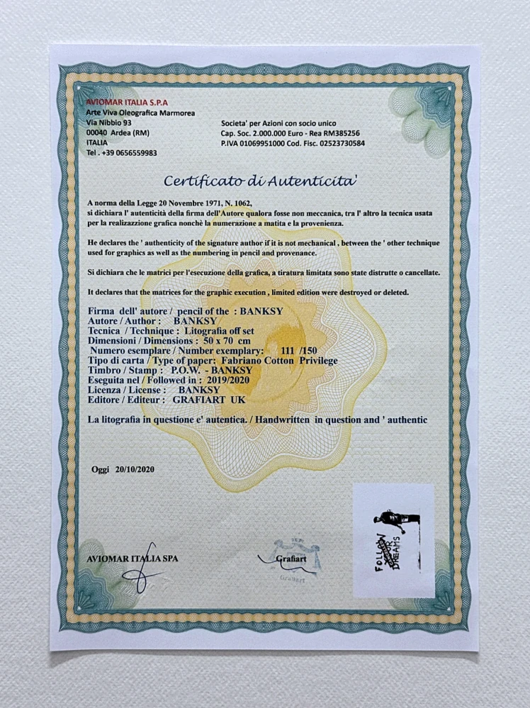 Banksy - Follow your dreams 111/150 - číslovaná edice s certifikátem, 70x50cm