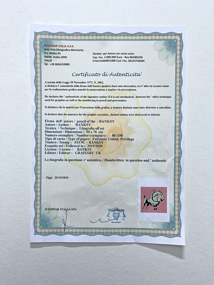 Banksy - Bulldog 80/150 - číslovaná edice s certifikátem, 50x70cm