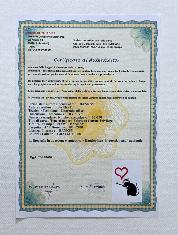 Banksy - Love Rat černo-červená 26/150 - číslovaná edice s certifikátem, 50x70cm