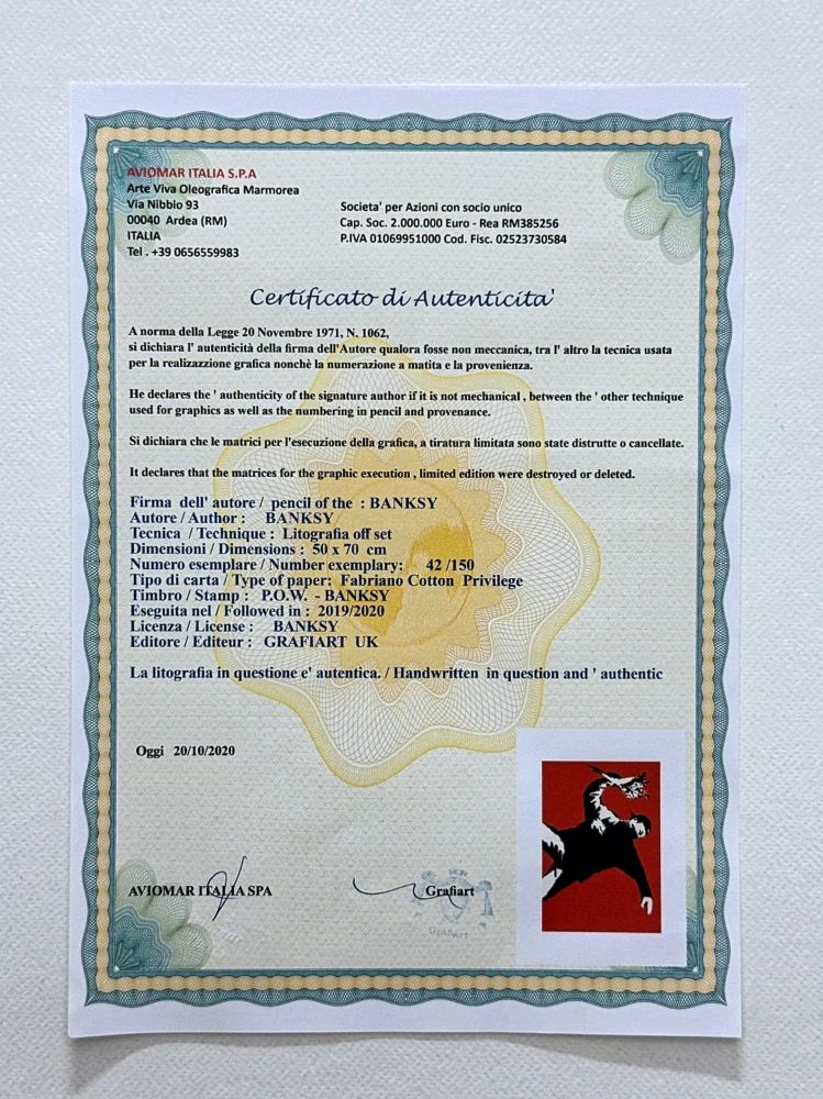 Banksy - Flower Thrower 42/150 - číslovaná edice s certifikátem, 70x50cm
