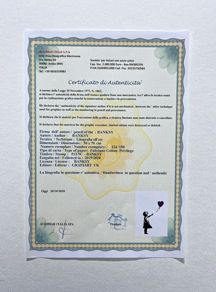 Banksy - Girl with Balloon fialová 124/150 - číslovaná edice s certifikátem, 50x70cm
