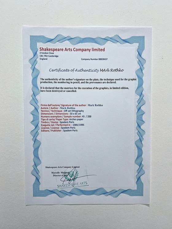 Mark Rothko - No. 15 x/200 - signováno, s certifikátem, 50x65 cm