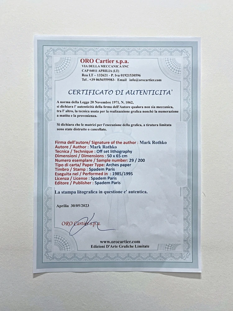 Mark Rothko - White center on red 29/200 - signováno, s certifikátem, 50x65 cm