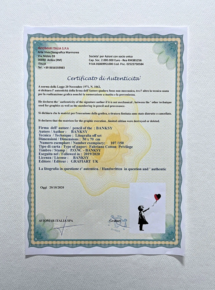 Banksy - Girl with Balloon červeno-černá 107/150 - číslovaná edice s certifikátem, 50x70cm
