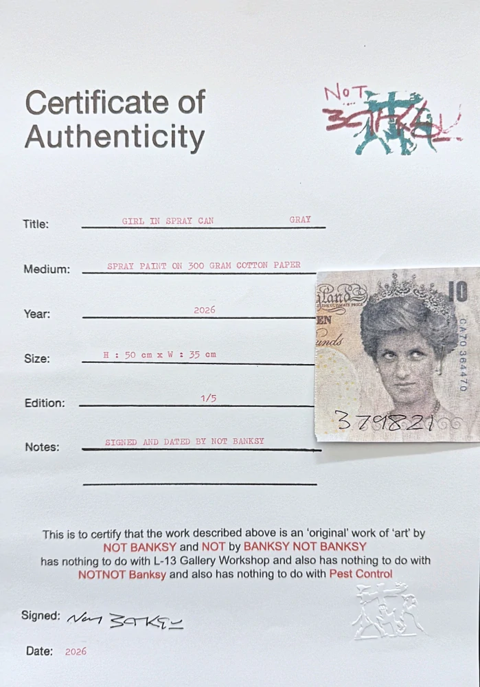 BANKSY/NOT BANKSY - Girl with spray can - gray 1/5 -  originální ručně stříkaný sprej na papíře, 35x50cm