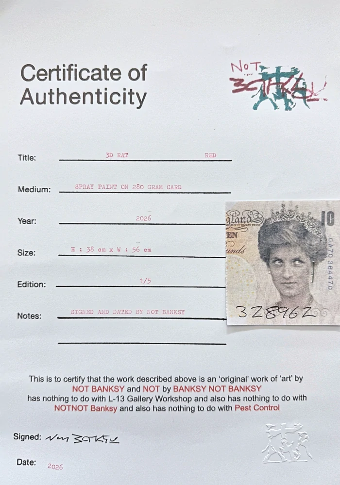BANKSY/NOT BANKSY - 3D Rat - red 1/5 - originální ručně stříkaný sprej na papíře