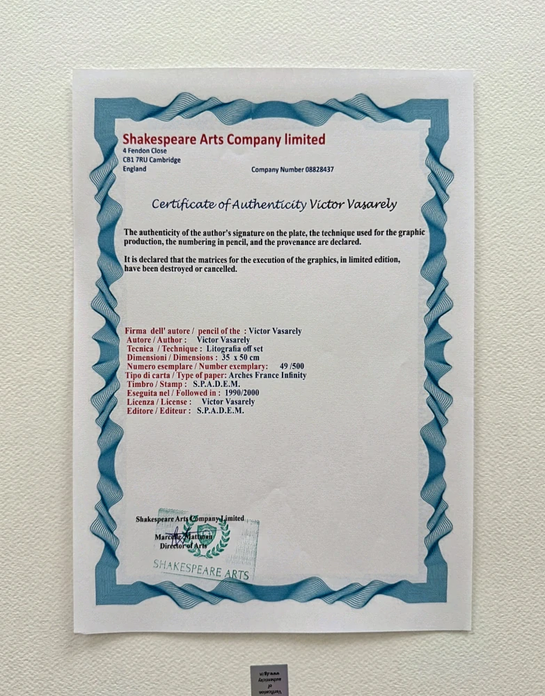 Victor Vasarely - Vonal Ksz 49/500 - limitovaná edice s certifikátem