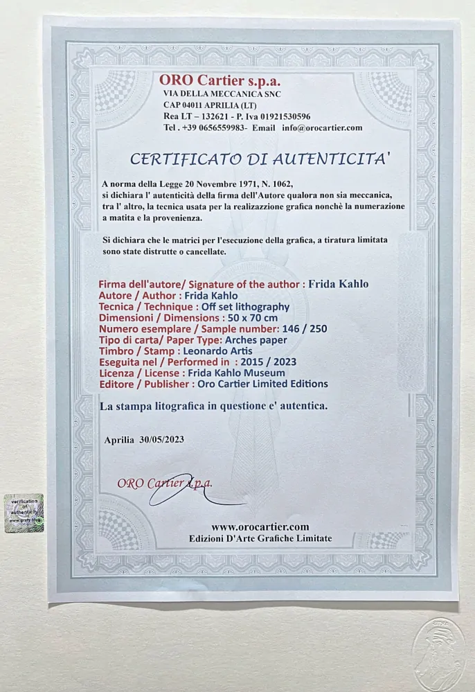 Frida Kahlo - Unos cuantos piquetitos 146/250 - limitovaná edice s certifikací, 50x70cm