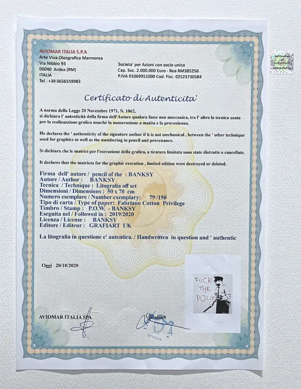 Banksy - Fuck the police 79/150 - číslovaná edice s certifikátem, 50x70cm