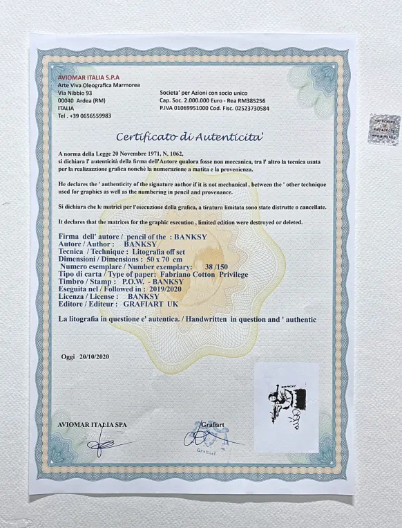 Banksy - Mona Lisa bazooka 38/150 - číslovaná edice s certifikátem, 70x50cm