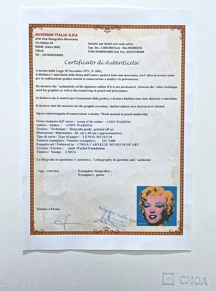 Andy Warhol - Marilyn Monroe světle modrá x/2400 - 60x60cm, limitovaná edice CMOA s certifikátem