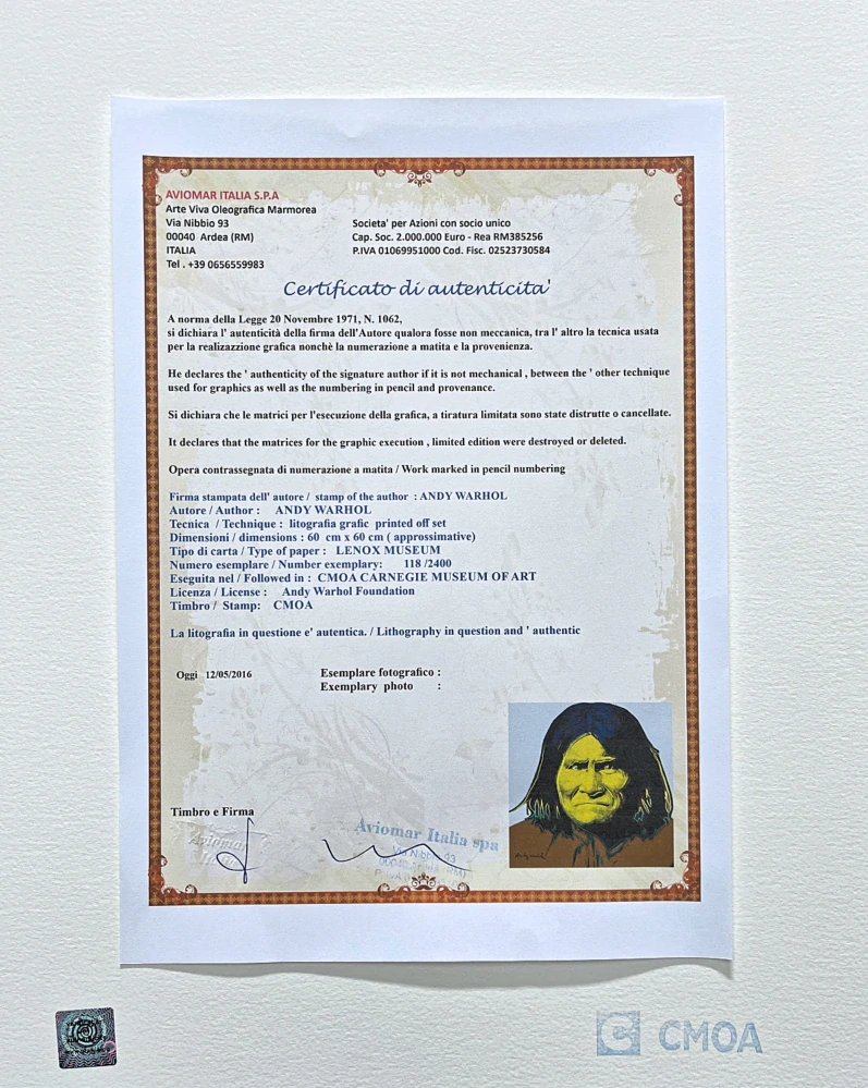 Andy Warhol - Geronimo x/2400 - 60x60cm, limitovaná edice CMOA s certifikátem