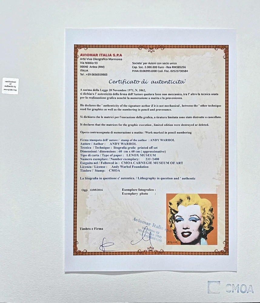 Andy Warhol - Marilyn Monroe oranžová 233/2400 - 60x60, limitovaná edice CMOA s certifikátem