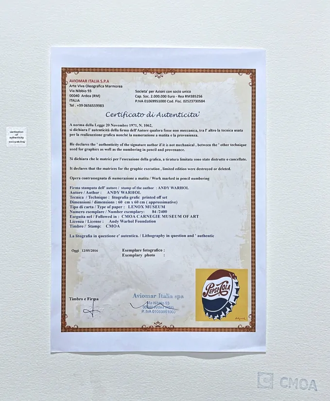 Andy Warhol - Pepsi-Cola žlutá x/2400 - 60x60 cm, limitovaná edice CMOA s certifikátem