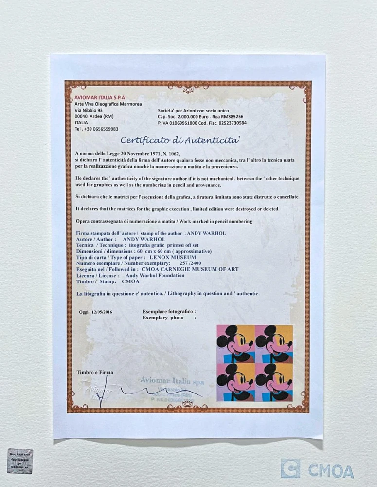 Andy Warhol - 4x Mickey Mouse x/2400 - 60x60cm, limitovaná edice CMOA s certifikátem