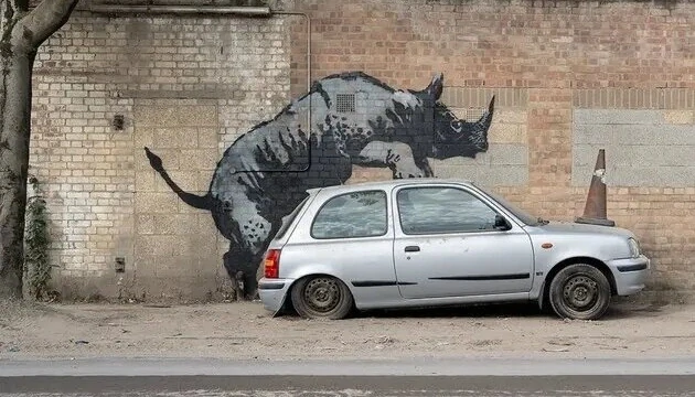 BANKSY/NOT BANKSY - Rhino love red 2/5 - originální ručně stříkaný sprej na papíře