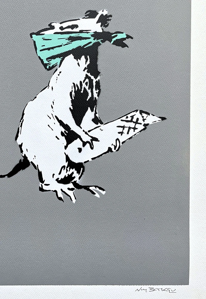 BANKSY/NOT BANKSY - Rat with Scalpel gray 2/10 - originální ručně stříkaný sprej na papíře