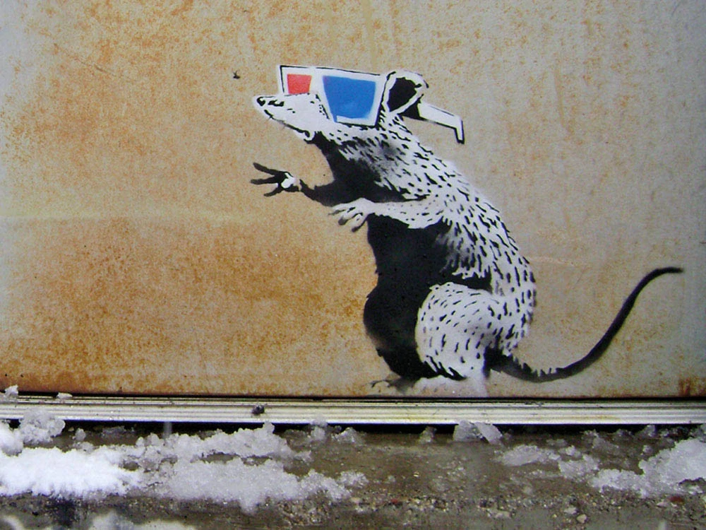 BANKSY/NOT BANKSY - 3D Rat - gray 1/5 - originální ručně stříkaný sprej na papíře