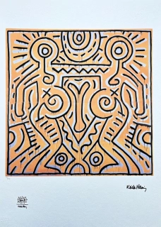 Keith Haring - Untitled beige and blue 71/150 - signováno, limitovaná edice s certifikátem, 50x70 cm