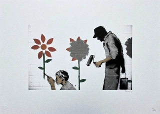 Banksy - Boy with flower wall 61/150 - číslovaná edice s certifikátem, 70x50cm