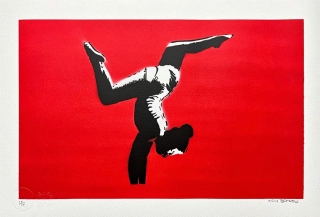 BANKSY/NOT BANKSY - Handstand Gymnast red 10/10 - originální ručně stříkaný sprej na papíře