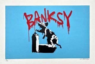 BANKSY/NOT BANKSY - Rat with Spray Cans L-blue 3/5 - originální ručně stříkaný sprej na papíře