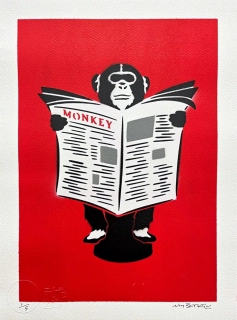 BANKSY/NOT BANKSY - Monkey Business red 1/5 - originální ručně stříkaný sprej na papíře
