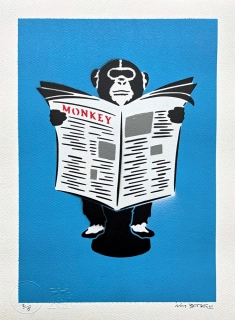 BANKSY/NOT BANKSY - Monkey Business F-blue 2/5 - originální ručně stříkaný sprej na papíře