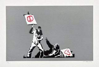 BANKSY/NOT BANKSY - Peace vs Love gray 2/5 -  originální ručně stříkaný sprej na papíře