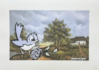 Banksy - Bird and Grenade 91/150 - číslovaná edice s certifikátem, 70x50cm