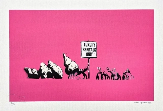 BANKSY/NOT BANKSY - Luxury Rentals Only pink 2/5 -  originální ručně stříkaný sprej na papíře