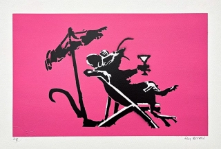 BANKSY/NOT BANKSY - Rat Drinking Coctail pink 1/5 -  originální ručně stříkaný sprej na papíře