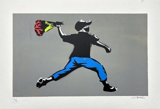 BANKSY/NOT BANKSY - Flower Thrower gray 2/5 -  originální ručně stříkaný sprej na papíře