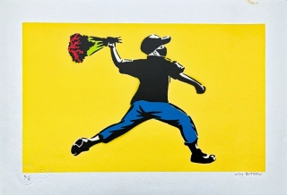 BANKSY/NOT BANKSY - Flower Thrower yellow 2/5 -  originální ručně stříkaný sprej na papíře