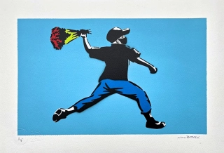 BANKSY/NOT BANKSY - Flower Thrower L-blue 2/5 -  originální ručně stříkaný sprej na papíře