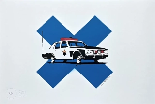 BANKSY/NOT BANKSY - Cop car on bricks 2/10 - originální ručně stříkaný sprej na papíře