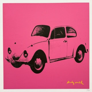 Andy Warhol - Volkswagen Beetle tmavě růžový x/500 - signováno, 50x50cm, limitovaná edice CMOA s certifikátem