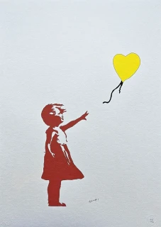 Banksy - Girl with Balloon červeno-žlutá x/150 - číslovaná edice s certifikátem, 50x70cm