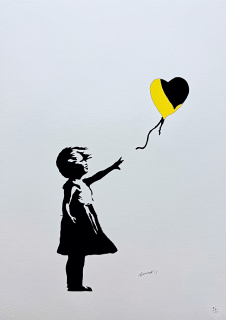 Banksy - Girl with Balloon černo-žlutá 92/150 - číslovaná edice s certifikátem, 50x70cm
