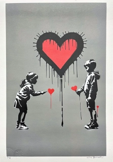 BANKSY/NOT BANKSY - Express your love gray 2/5 -  originální ručně stříkaný sprej na papíře
