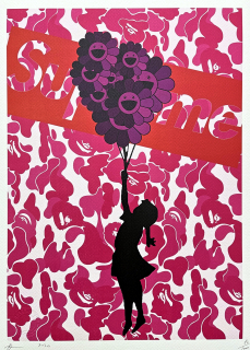 Death NYC - Girl with Murakami balloon růžový - limitovaná edice s certifikátem, 32x45cm